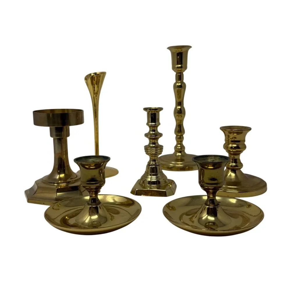Set of 7 Mismatched Vintage Brass Candlestick Holders Gold Candle Holders Decor